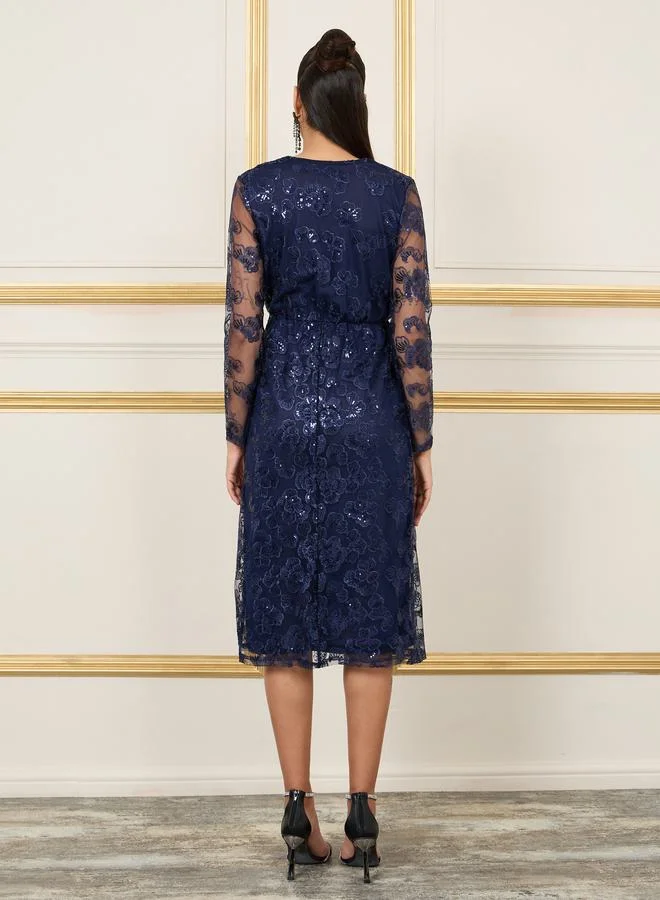 Styli Embroidered Sequin Detail Mesh Sleeves Midi Dress
