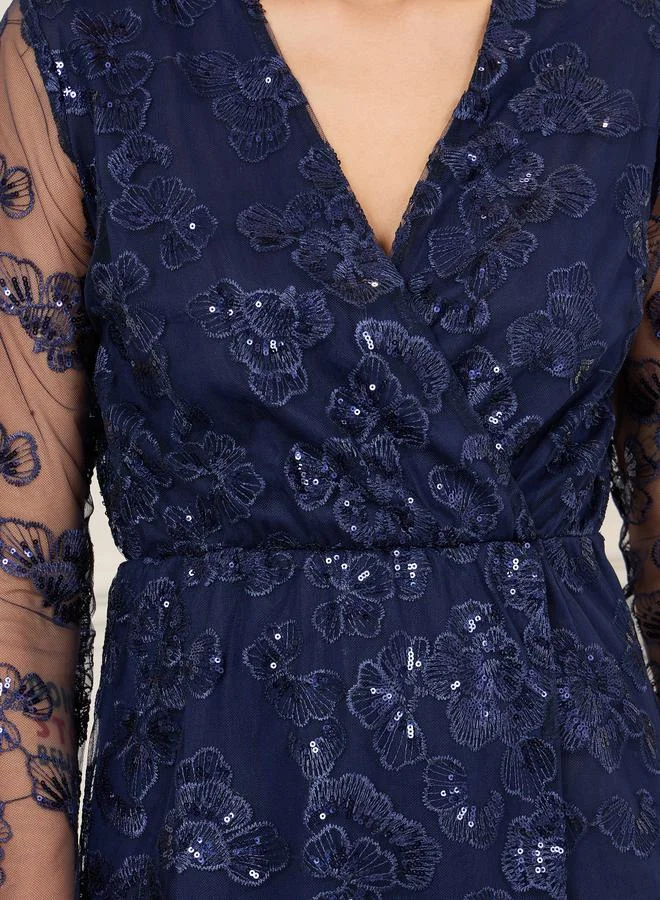 Styli Embroidered Sequin Detail Mesh Sleeves Midi Dress