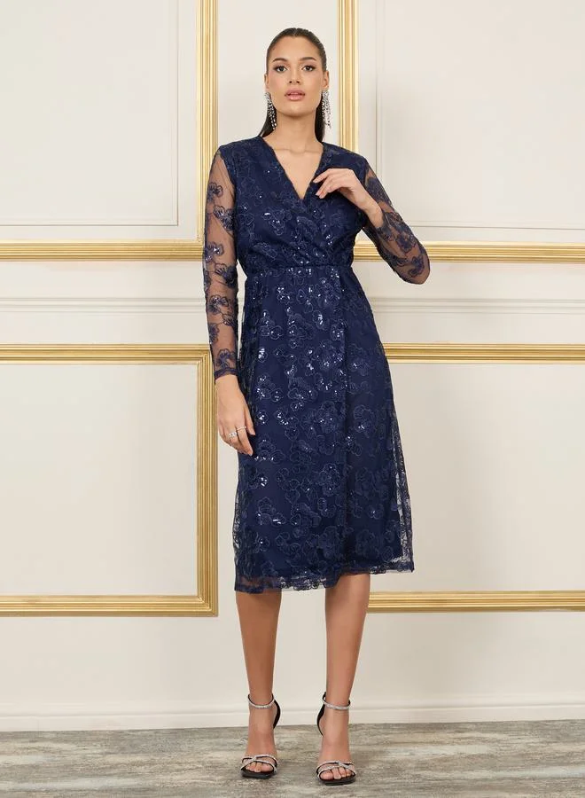 Styli Embroidered Sequin Detail Mesh Sleeves Midi Dress