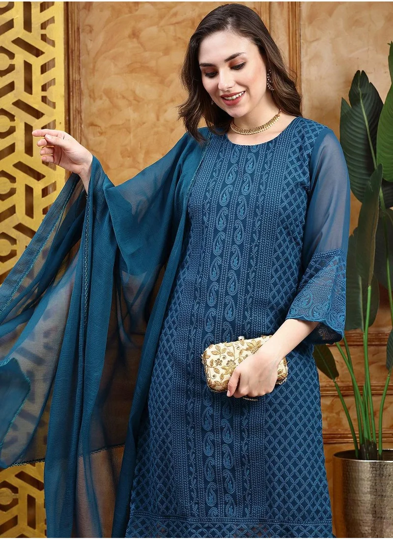 آي شين Regular Fit Three-Quarter Sleeve Printed Teal Silk Woven Kurta Set For Women Flat Collar Perfect For Wedding And Engagement Pull On Closure