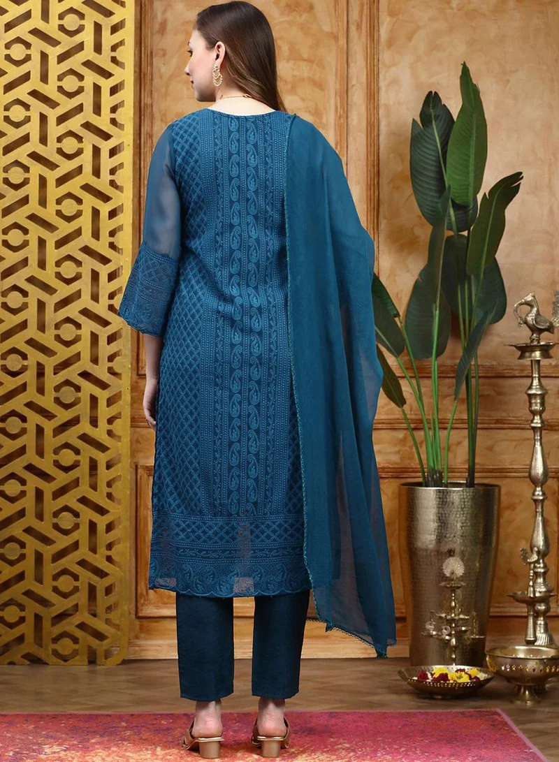 ISHIN Women's Teal Georgette Printed Tunic Full Length Casual Regular Fit Kurta Set