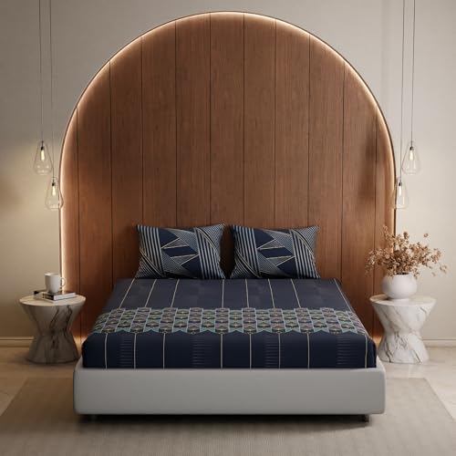 Stoa Paris King Size Bedsheet, Bedding Set with Cotton Pillow Covers, Cotton for Restful Sleep, Ideal Gift Items for Women, Home Makeover, Lumiere Collection - Navy - Image 3