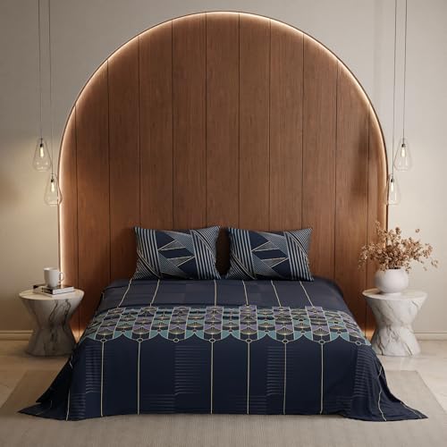 Stoa Paris King Size Bedsheet, Bedding Set with Cotton Pillow Covers, Cotton for Restful Sleep, Ideal Gift Items for Women, Home Makeover, Lumiere Collection - Navy - Image 4