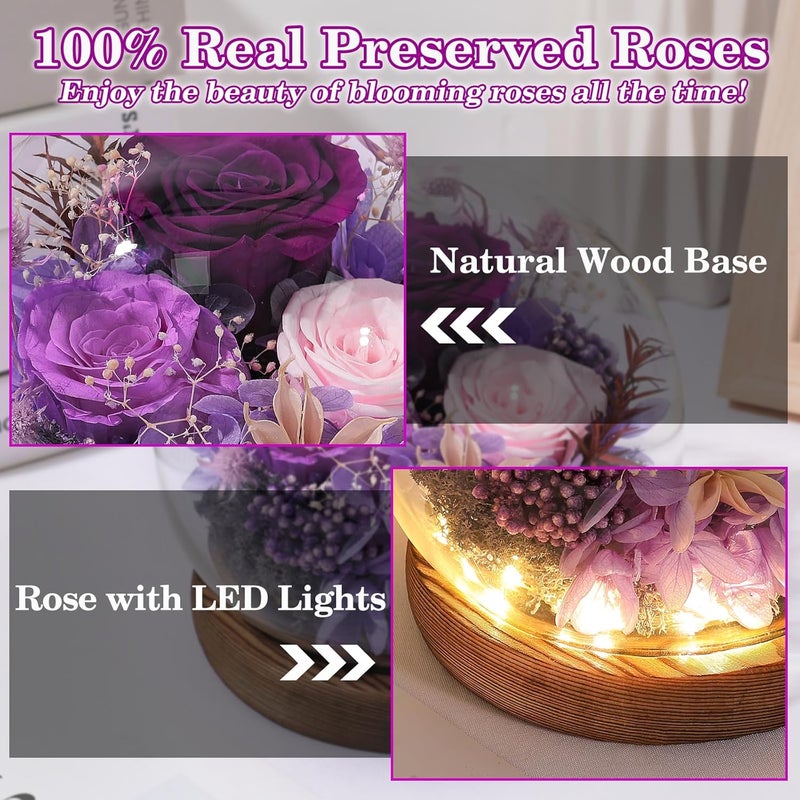 FIACO Gifts for Women Preserved Rose in Glass Dome Eternal Roses with LED Light Forever Flowers for Indoor Decor Birthday for Her Mom Wife Girlfriend Grandma Purple - Image 3