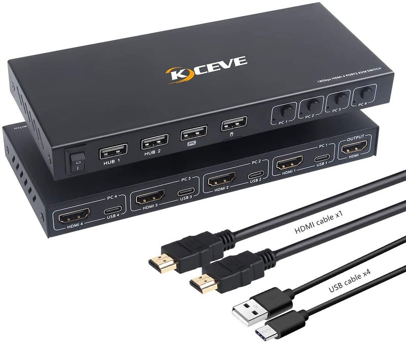 KCEVE 4 Way Ports KVM Switch, 4 In 1 Out HDMI KVM Switcher Box Support 4K@60Hz, With USB 2,0 Hub Connect, Compatible With Windows/Linux/Mac System Etc, With Hotkey Switch Way, Black - Image 1