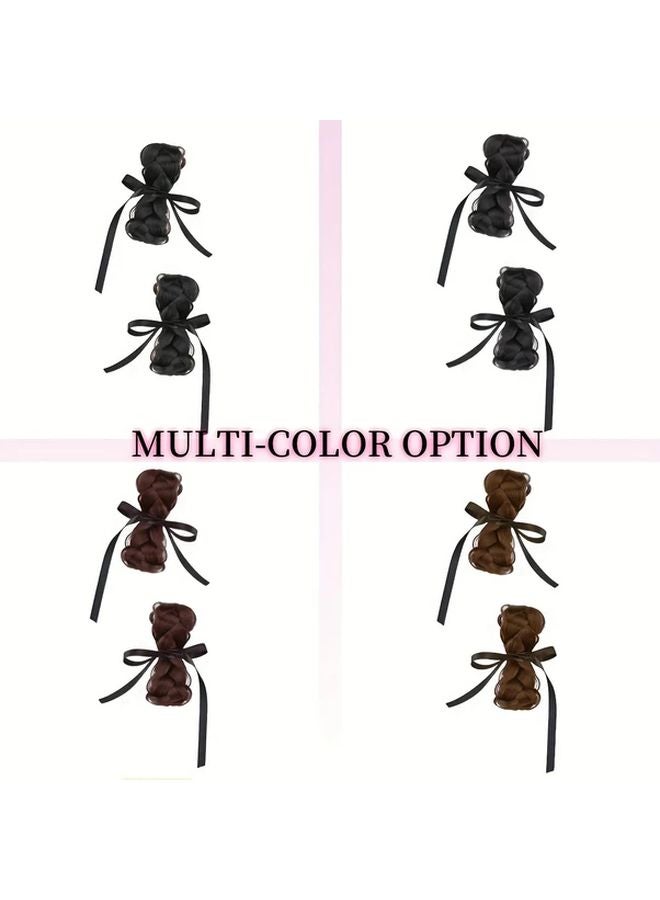 Deep Grey Clip On Braided Buns With Ribbon Heat Resistant Hair Accessories For Women - Image 2