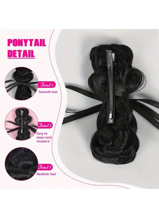 Deep Grey Clip On Braided Buns With Ribbon Heat Resistant Hair Accessories For Women - Image 5
