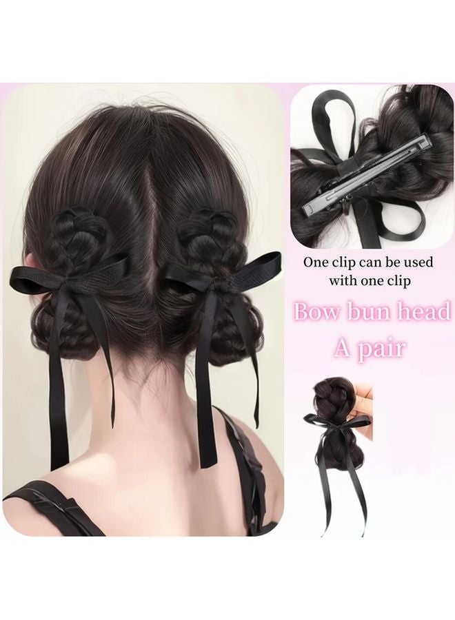 Deep Grey Clip On Braided Buns With Ribbon Heat Resistant Hair Accessories For Women - Image 3