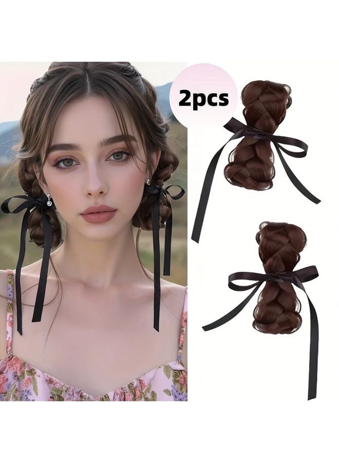 Deep Grey Clip On Braided Buns With Ribbon Heat Resistant Hair Accessories For Women - Image 1
