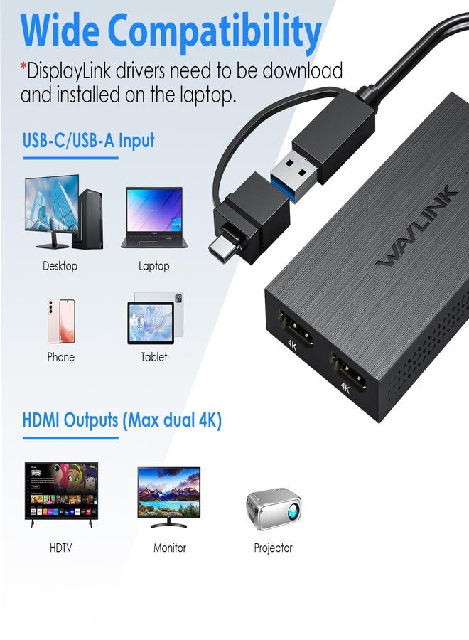 واف لينك محول WAVLINK USB 3.0 / C Displaylink ثنائي HDMI بدقة 4K 60Hz لشاشتين، مخرج USB A/C إلى HDMI بدقة 4K لأجهزة Mac M1/M2/M3 أو Windows 10/11 - Image 4