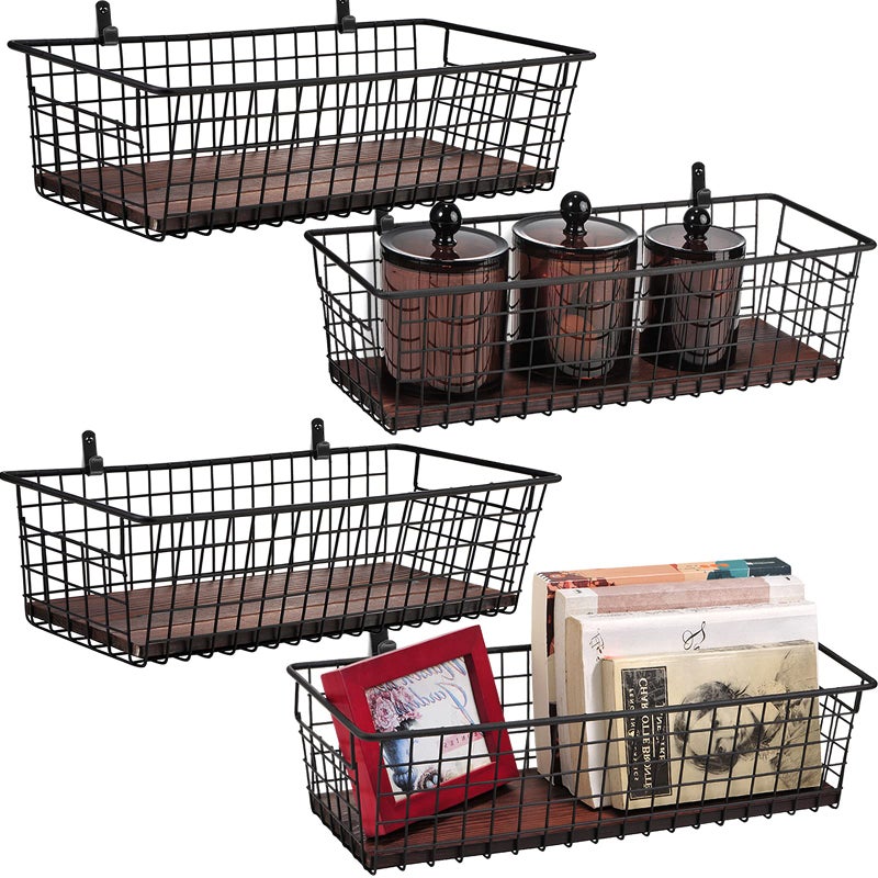 4 Set Extra Large Portable Metal Farmhouse Wall Decor Storage Organizer Basket Bin with Handles and Floating Shelves for Hanging in EntrywayBathroomKitchenWall Mount Hooks Included 4 Black