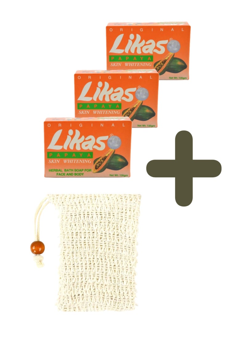 Likas - 3 Piece Papaya Skin Whitening Herbal Bath Soap For Face & Body 135g With Exfoliating bag - Image 1
