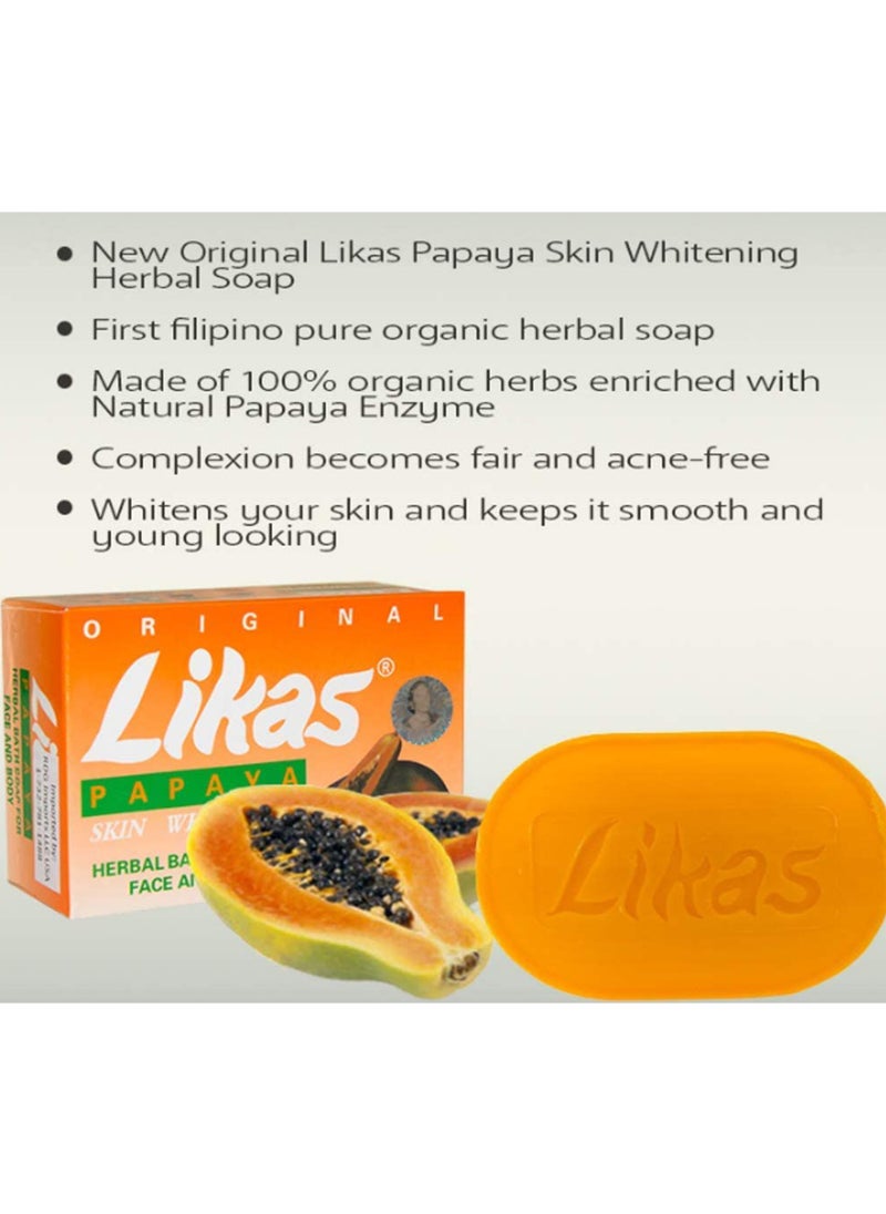 Likas - 3 Piece Papaya Skin Whitening Herbal Bath Soap For Face & Body 135g With Exfoliating bag - Image 1