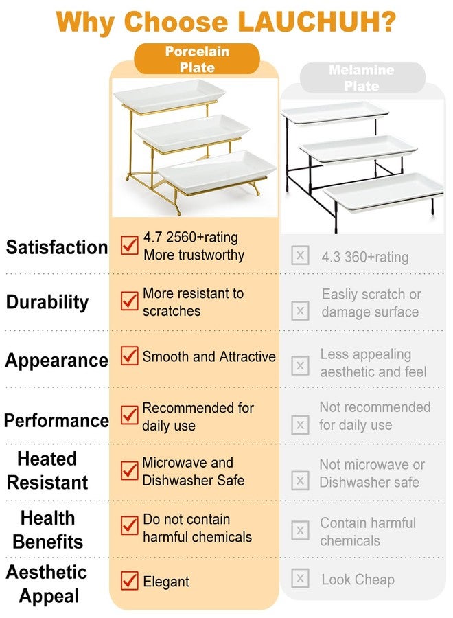 LAUCHUH 3 Tier Serving Tray, Porcelain Serving Platter Tier Serving Stand with Collapsible Sturdier Rack, Serving Trays and Platters Dessert Party Display Set for Father's Day, Gold, 12 Inch - Image 3