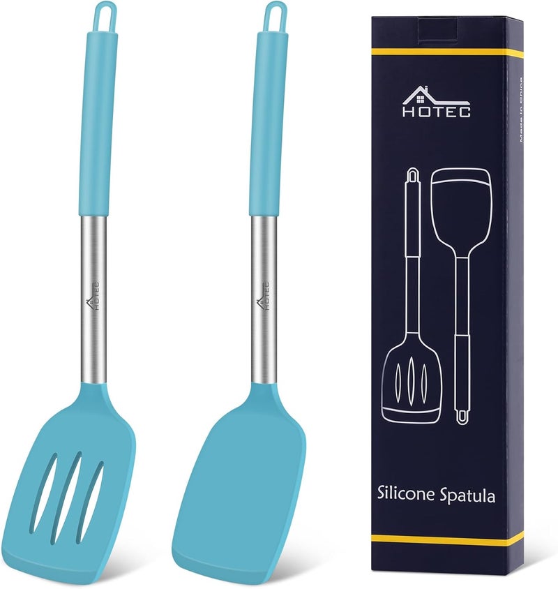 hotec Silicone Spatula Set of 2 Heat-Resistant 600°F & BPA-Free Kitchen SaptulaTurner with Stainless Steel Handles, Slotted & Solid Spatulas for Nonstick Cookware, 13.7 Inch, Blue - Image 1