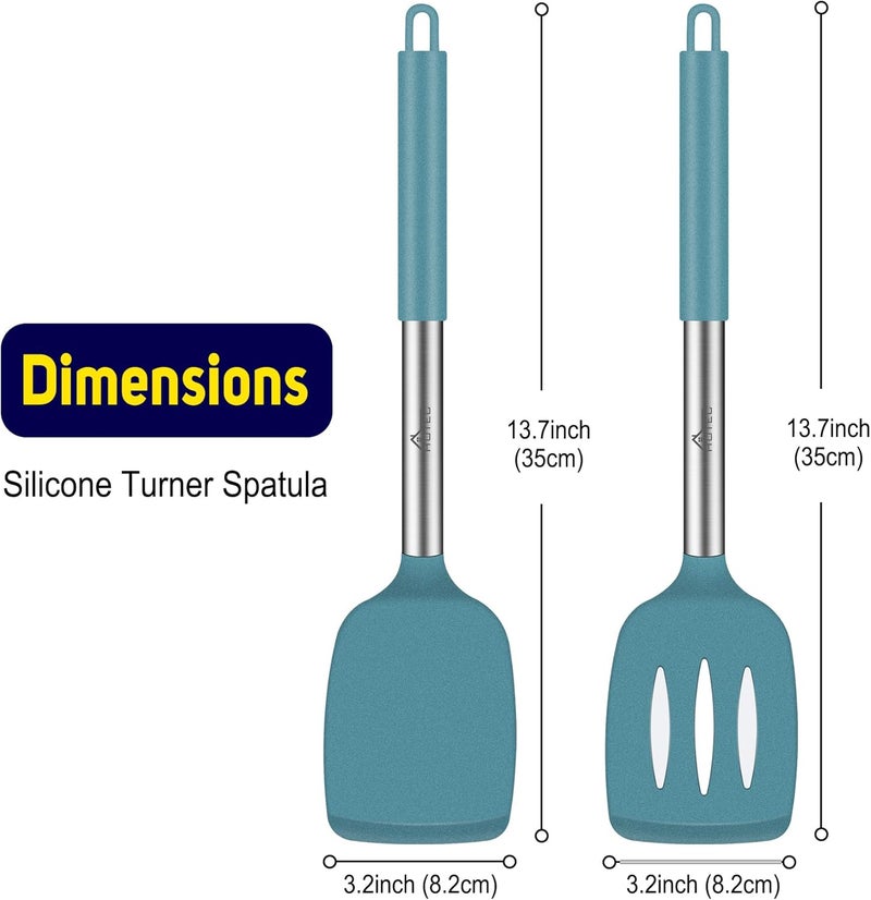 hotec Silicone Spatula Set of 2 Heat-Resistant 600°F & BPA-Free Kitchen SaptulaTurner with Stainless Steel Handles, Slotted & Solid Spatulas for Nonstick Cookware, 13.7 Inch, Blue - Image 2