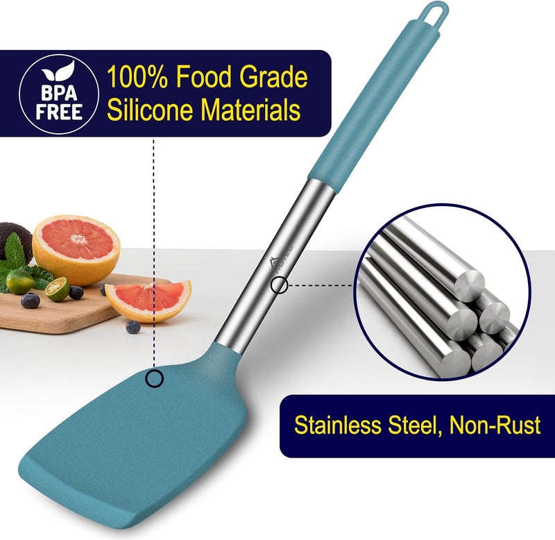 hotec Silicone Spatula Set of 2 Heat-Resistant 600°F & BPA-Free Kitchen SaptulaTurner with Stainless Steel Handles, Slotted & Solid Spatulas for Nonstick Cookware, 13.7 Inch, Blue - Image 3