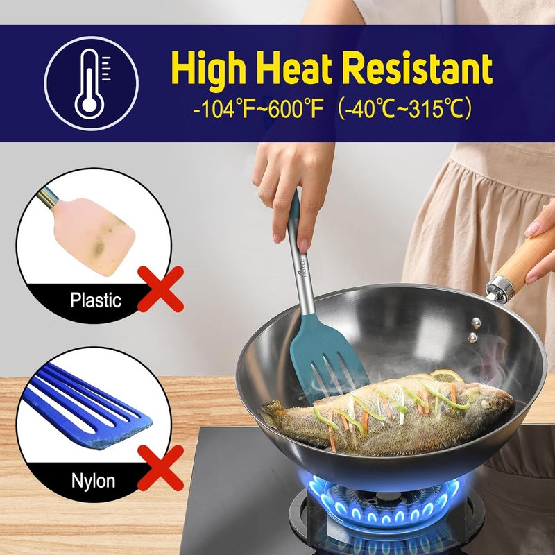 hotec Silicone Spatula Set of 2 Heat-Resistant 600°F & BPA-Free Kitchen SaptulaTurner with Stainless Steel Handles, Slotted & Solid Spatulas for Nonstick Cookware, 13.7 Inch, Blue - Image 5