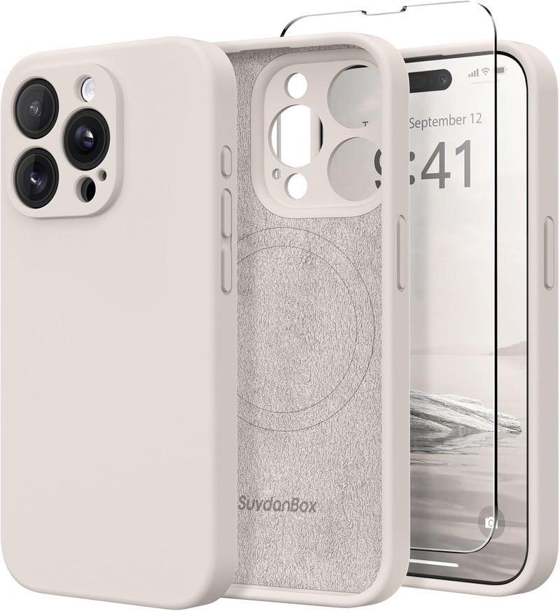SUYDANBOX Magnetic for iPhone 14 Pro Case, Compatible with MagSafe, [Full Camera Protection][Screen Protector] Silicone Shockproof Protective Phone Case for iPhone 14 Pro 6.1", Stone - Image 1