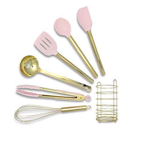 Styled Settings Pink Silicone & Gold Cooking Utensils with Stainless Steel Utensil Holder - Gold Whisk, Gold Ladle, - Image 1
