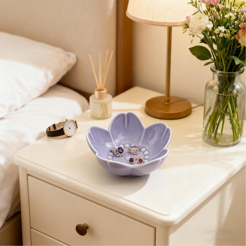 BESSKON Purple Flower Ring Dish Jewelry Tray, Ceramic Jewelry Dish, Small Trinket Dish, Nightstand Bathroom Decor Ring Holder, Jewlery Plate Bowl for Christmas Friendship Birthday Gifts for Women Mom - Image 3