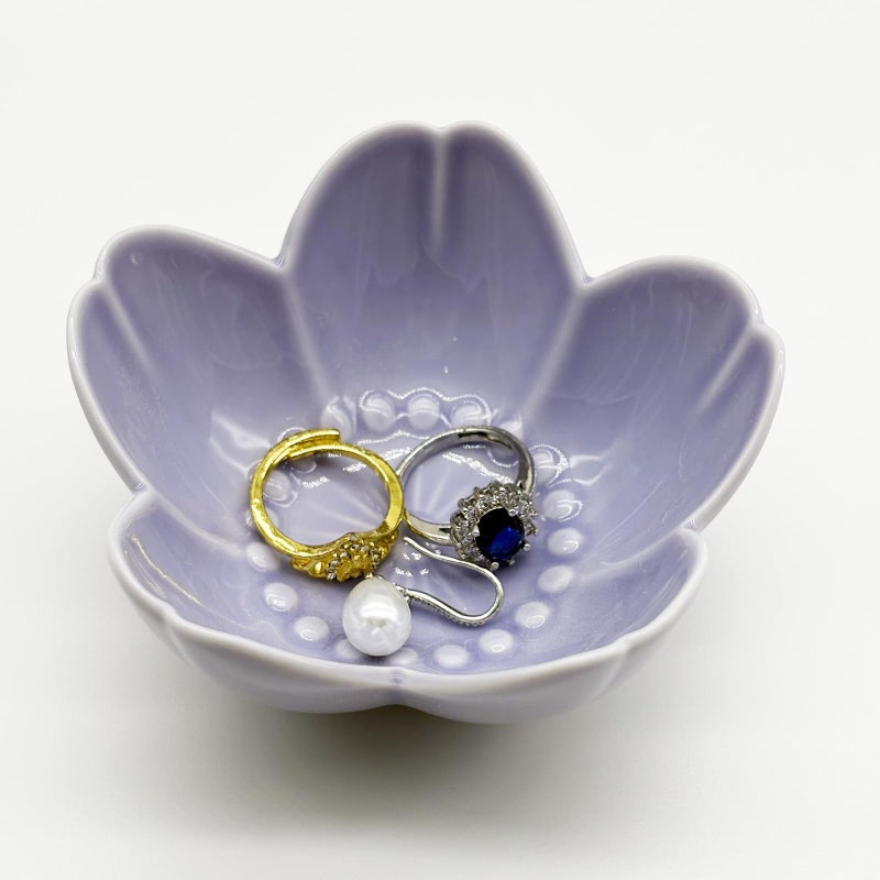BESSKON Purple Flower Ring Dish Jewelry Tray, Ceramic Jewelry Dish, Small Trinket Dish, Nightstand Bathroom Decor Ring Holder, Jewlery Plate Bowl for Christmas Friendship Birthday Gifts for Women Mom - Image 1