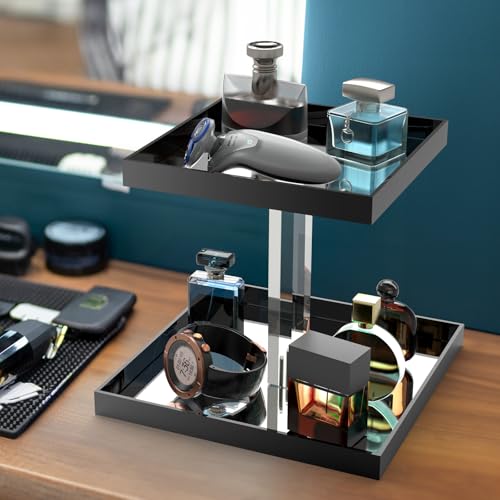 NiHome Acrylic Perfume Display Organizer, 2-Tier Cologne Organizer, Makeup Holder with Mirrored Base, Handmade Vanity Storage Versatile Countertop Tray for Cosmetics Toiletries, Black - Image 2