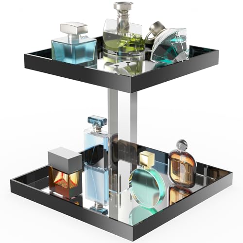 NiHome Acrylic Perfume Display Organizer, 2-Tier Cologne Organizer, Makeup Holder with Mirrored Base, Handmade Vanity Storage Versatile Countertop Tray for Cosmetics Toiletries, Black - Image 1