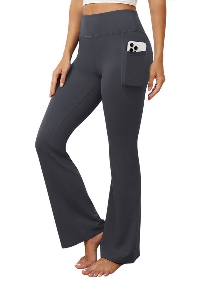 DLOODA Womens Flare Yoga Pants with Pockets High Waist Tummy Control Flared Leggings Bell Bottom Gym Workout Leggings, Deep Grey, L - Image 2