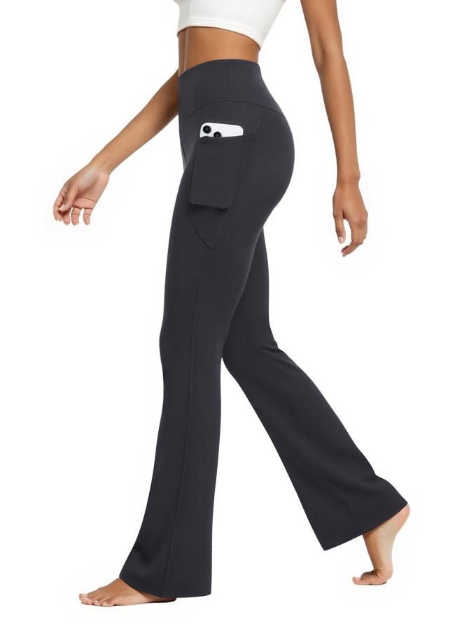 DLOODA Womens Flare Yoga Pants with Pockets High Waist Tummy Control Flared Leggings Bell Bottom Gym Workout Leggings, Deep Grey, L - Image 1