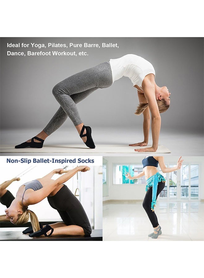 Quantum 3 Pairs Non Slip Yoga Grip Socks with Straps for Women - Pilates Anti Slip Socks - Ballet Dance Socks for Gyms and Dance Venues (Pink/Gray/Black) - Image 3