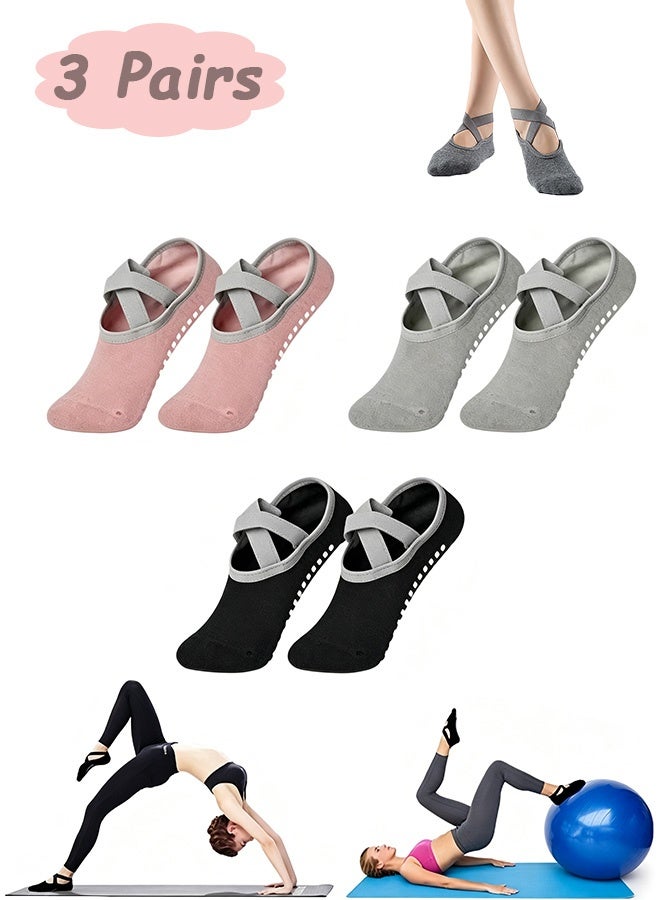 Quantum 3 Pairs Non Slip Yoga Grip Socks with Straps for Women - Pilates Anti Slip Socks - Ballet Dance Socks for Gyms and Dance Venues (Pink/Gray/Black) - Image 1