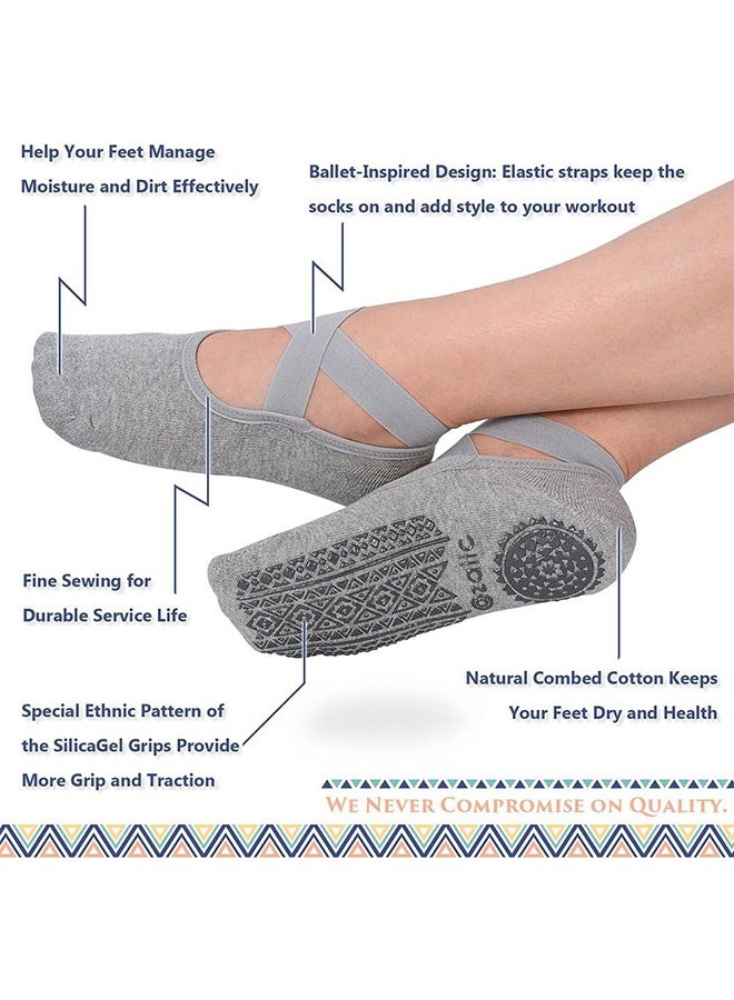 Quantum 3 Pairs Non Slip Yoga Grip Socks with Straps for Women - Pilates Anti Slip Socks - Ballet Dance Socks for Gyms and Dance Venues (Pink/Gray/Black) - Image 2