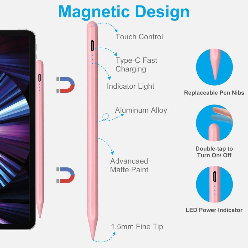 كيرون قلم لأجهزة Apple iPad (2018-2025)، قلم نشط سريع الشحن ورفض راحة اليد وحساس للإمالة لأجهزة iPad الجيل الحادي عشر/العاشر/التاسع-السادس، Pro 11"/12.9"/13" M4، Air الجيل الخامس-الثالث/M2 M3، Mini A17 Pro/6/5 - Image 5