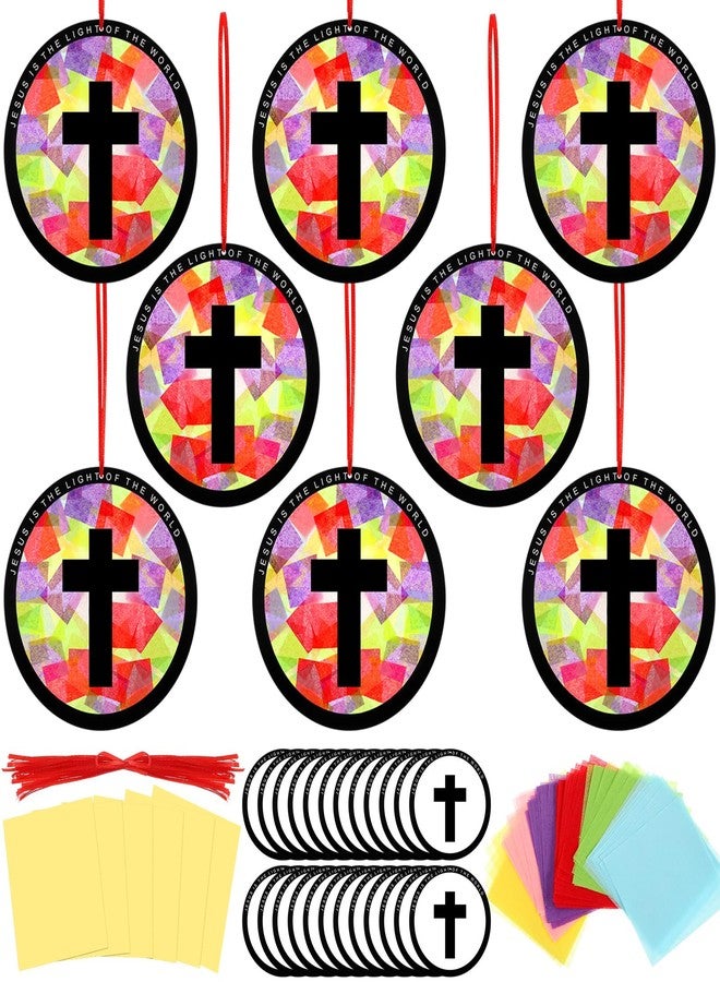 Motipuns 32 Sets Cross Suncatchers Craft Kits DIY Christian Religious Cross Tissue Paper Kit Sunday School Craft Kit Stained Glass Effect Tissue Paper for Easter Lent Resurrection VBS Window Art - Image 1