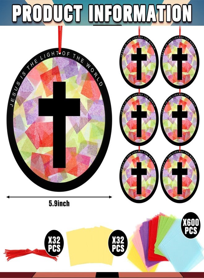 Motipuns 32 Sets Cross Suncatchers Craft Kits DIY Christian Religious Cross Tissue Paper Kit Sunday School Craft Kit Stained Glass Effect Tissue Paper for Easter Lent Resurrection VBS Window Art - Image 3
