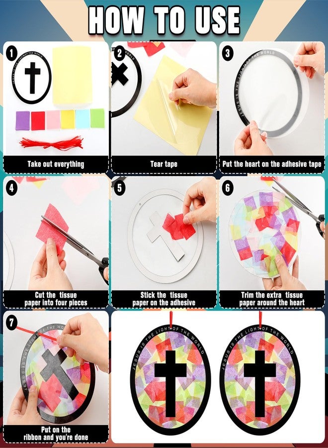 Motipuns 32 Sets Cross Suncatchers Craft Kits DIY Christian Religious Cross Tissue Paper Kit Sunday School Craft Kit Stained Glass Effect Tissue Paper for Easter Lent Resurrection VBS Window Art - Image 4