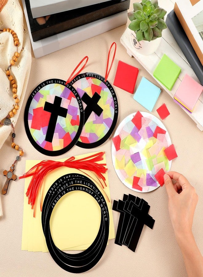 Motipuns 32 Sets Cross Suncatchers Craft Kits DIY Christian Religious Cross Tissue Paper Kit Sunday School Craft Kit Stained Glass Effect Tissue Paper for Easter Lent Resurrection VBS Window Art - Image 2