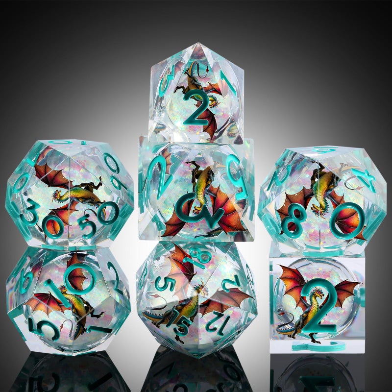 DNDND Shinny Liquid Core Dice Set | 7-Piece Sharp Edge D&D Dice with Ancient Dragon Design | Gift Metal Case for Dungeons and Dragons RPG Tabletop Gaming - Image 4