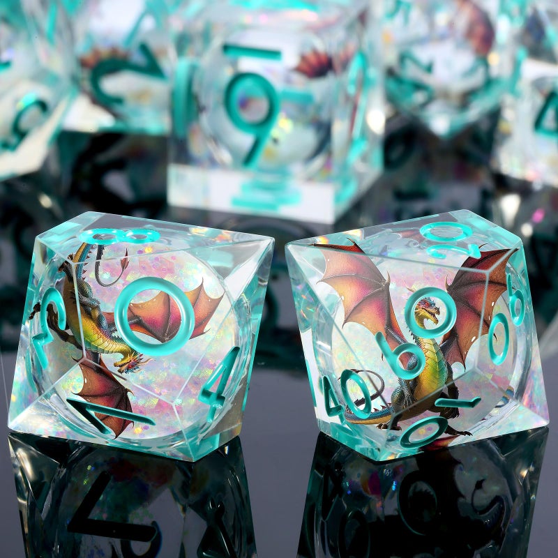 DNDND Shinny Liquid Core Dice Set | 7-Piece Sharp Edge D&D Dice with Ancient Dragon Design | Gift Metal Case for Dungeons and Dragons RPG Tabletop Gaming - Image 3