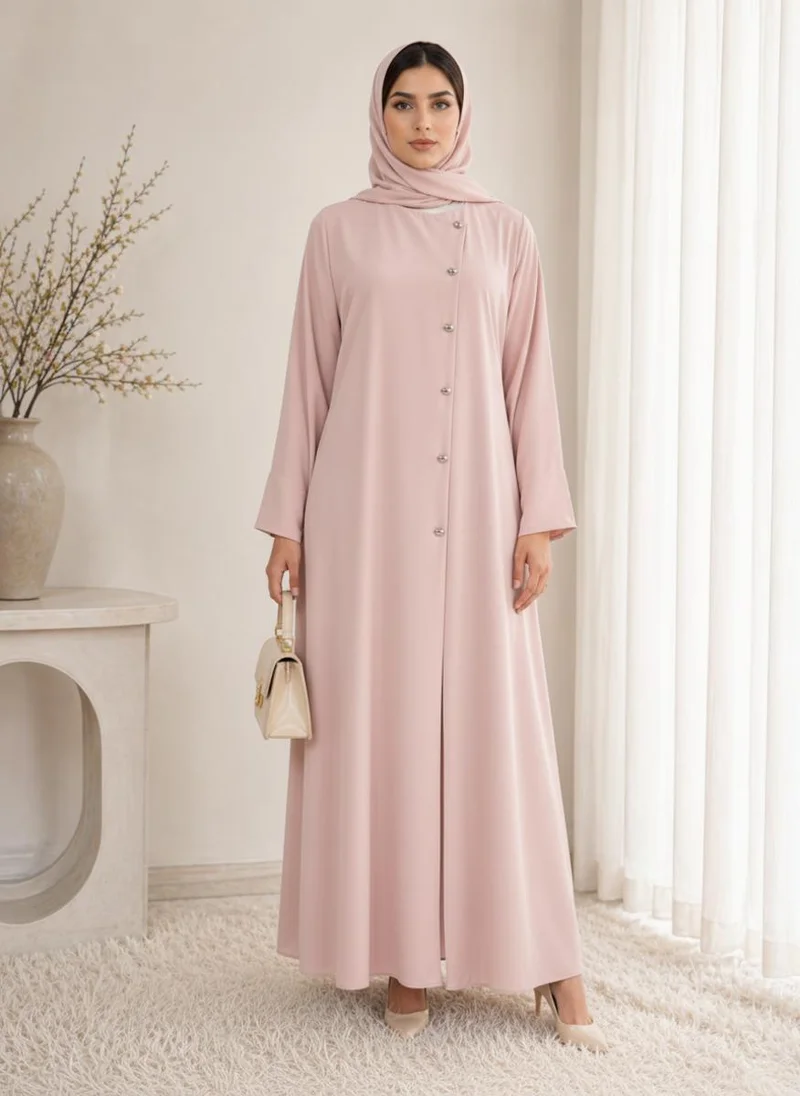 أم سكوير فاشن Pink Korean Nida Abaya I Asymmetrical Button Design with Matching Chiffon Headscarf