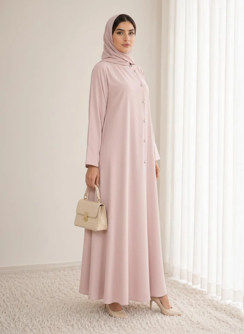 أم سكوير فاشن Pink Korean Nida Abaya I Asymmetrical Button Design with Matching Chiffon Headscarf