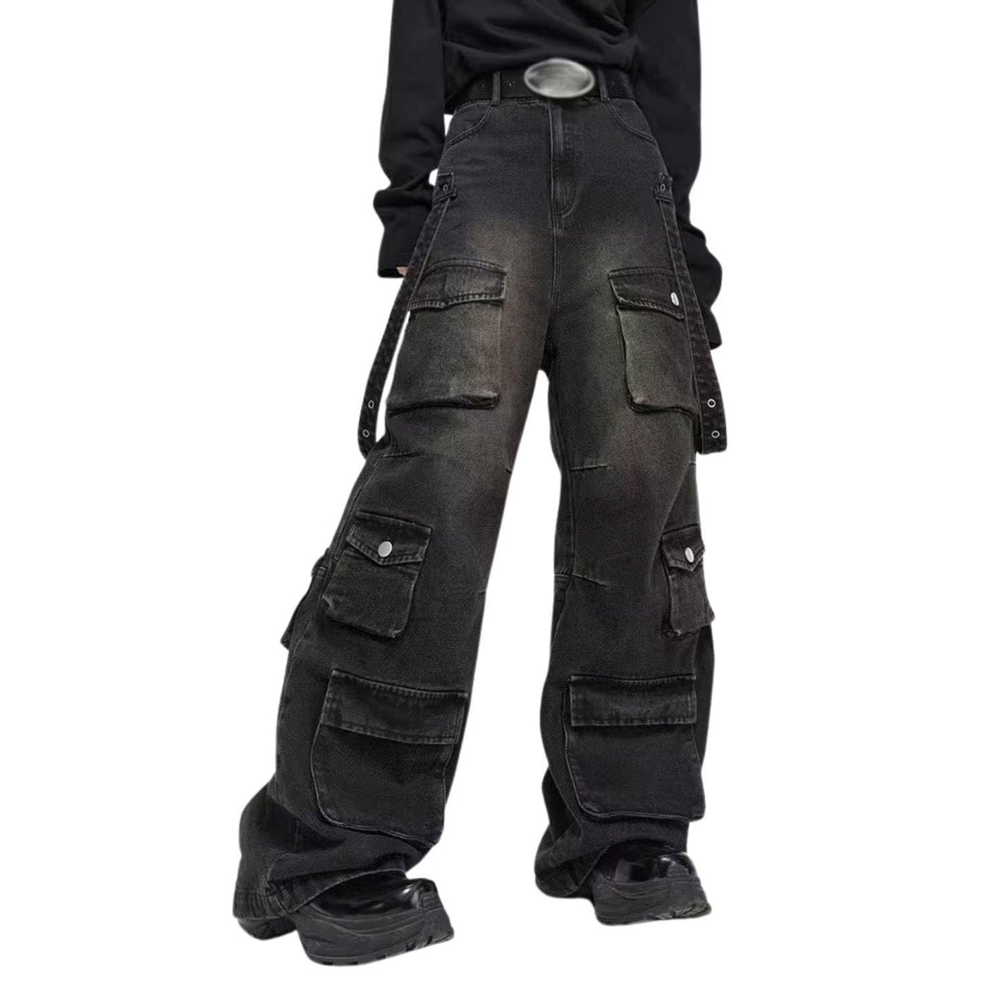 Hugboom Baggy Cargo Pants for Men Women Wide Leg Jeans Y2k Hip Hop High Waisted Pants Casual Streetwear Grunge Clothes Black-M (US, Alpha, Medium, Regular, Regular, Black)