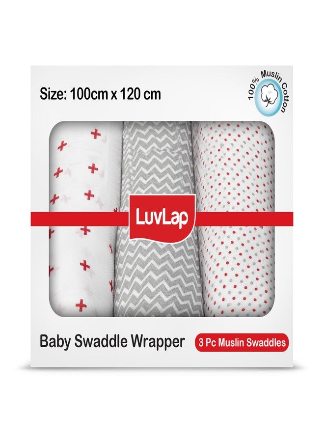 LuvLap 100% Cotton Muslin Baby Swaddle Set, Baby Towel, Size-120cm x 100cm (47"x39"), Dots Printed on White, 0-18 Month+, Printed Mulmal Muslin Swaddle Wrap for New Born, Pack of 3