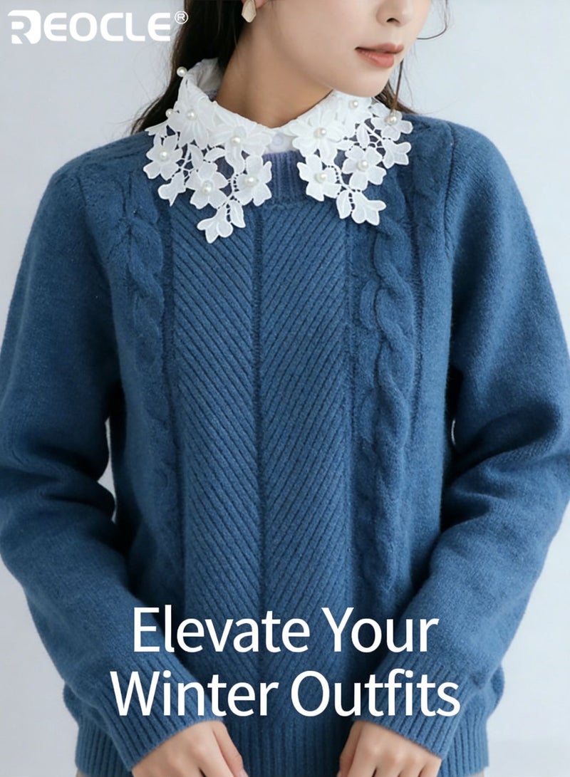 REOCLE Women's Detachable Collar Delicate Pearl-Embellished Extender Lace Floral Motif Design for Outfit Layering & Feminine Styling - Image 4
