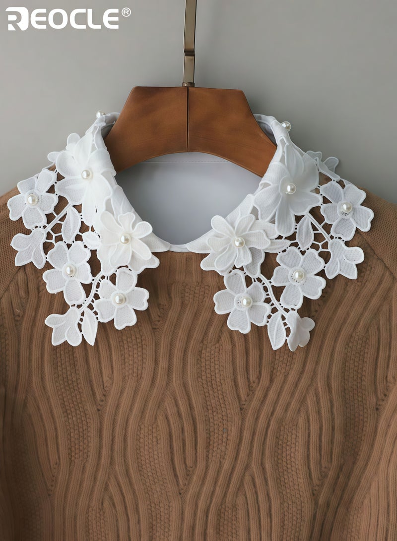 REOCLE Women's Detachable Collar Delicate Pearl-Embellished Extender Lace Floral Motif Design for Outfit Layering & Feminine Styling - Image 2