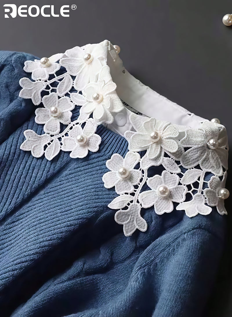 REOCLE Women's Detachable Collar Delicate Pearl-Embellished Extender Lace Floral Motif Design for Outfit Layering & Feminine Styling - Image 3