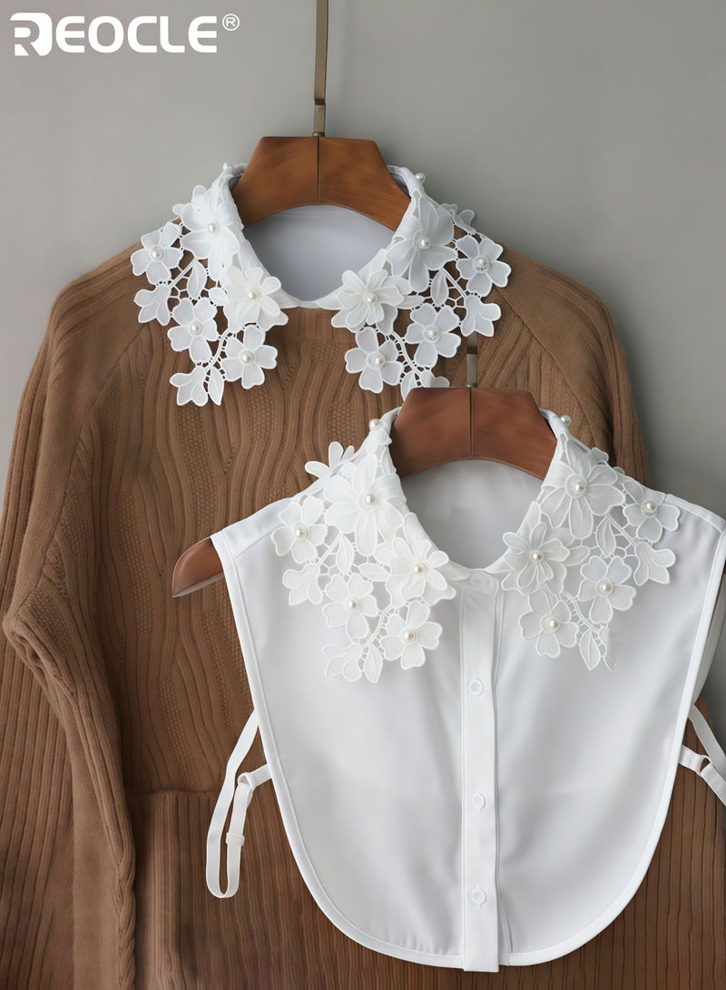 REOCLE Women's Detachable Collar Delicate Pearl-Embellished Extender Lace Floral Motif Design for Outfit Layering & Feminine Styling - Image 1