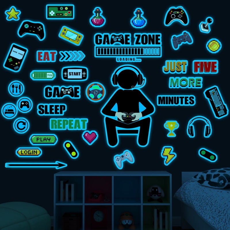 Gamer Wall Decals Stickers Glow in The Dark Wall Decals Game Wall Stickers Gaming Controller Wall Decals Game Room Decor Video Game Decal for Boys Kids Girls Bedoom Playroom Wall Decor Sky Blue