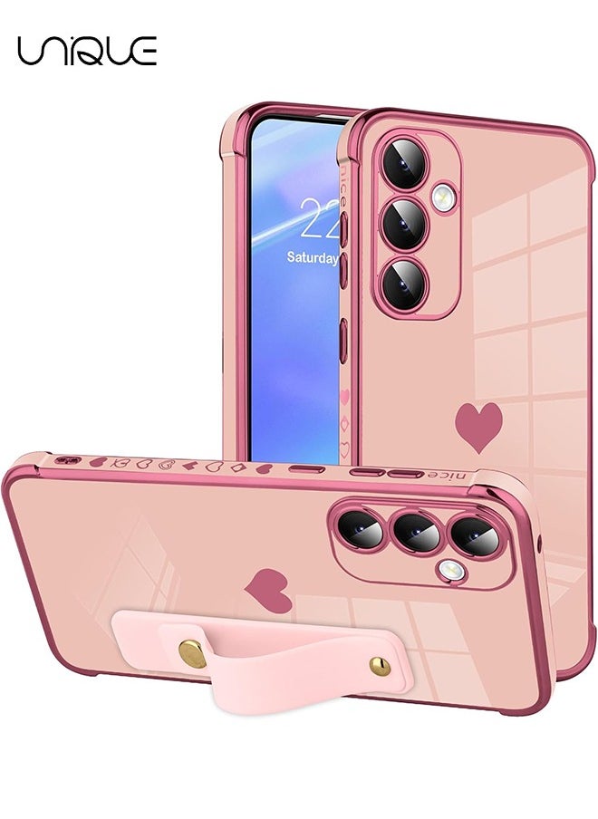 Unique Compatible with Samsung Galaxy A55 Case - Adjustable Wrist Strap Kickstand - Cute Heart Luxury Gold Plating Bumper - Women Girl Men Protective Case Cover - Pink  - Image 1